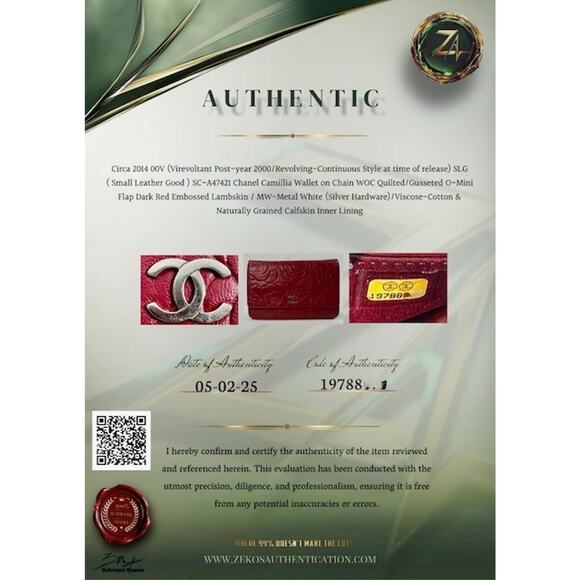CHANEL Red/Maroon Camellia Embossed Lambskin WOC Silver HW w/ Zeko's COA - Picture 11 of 11